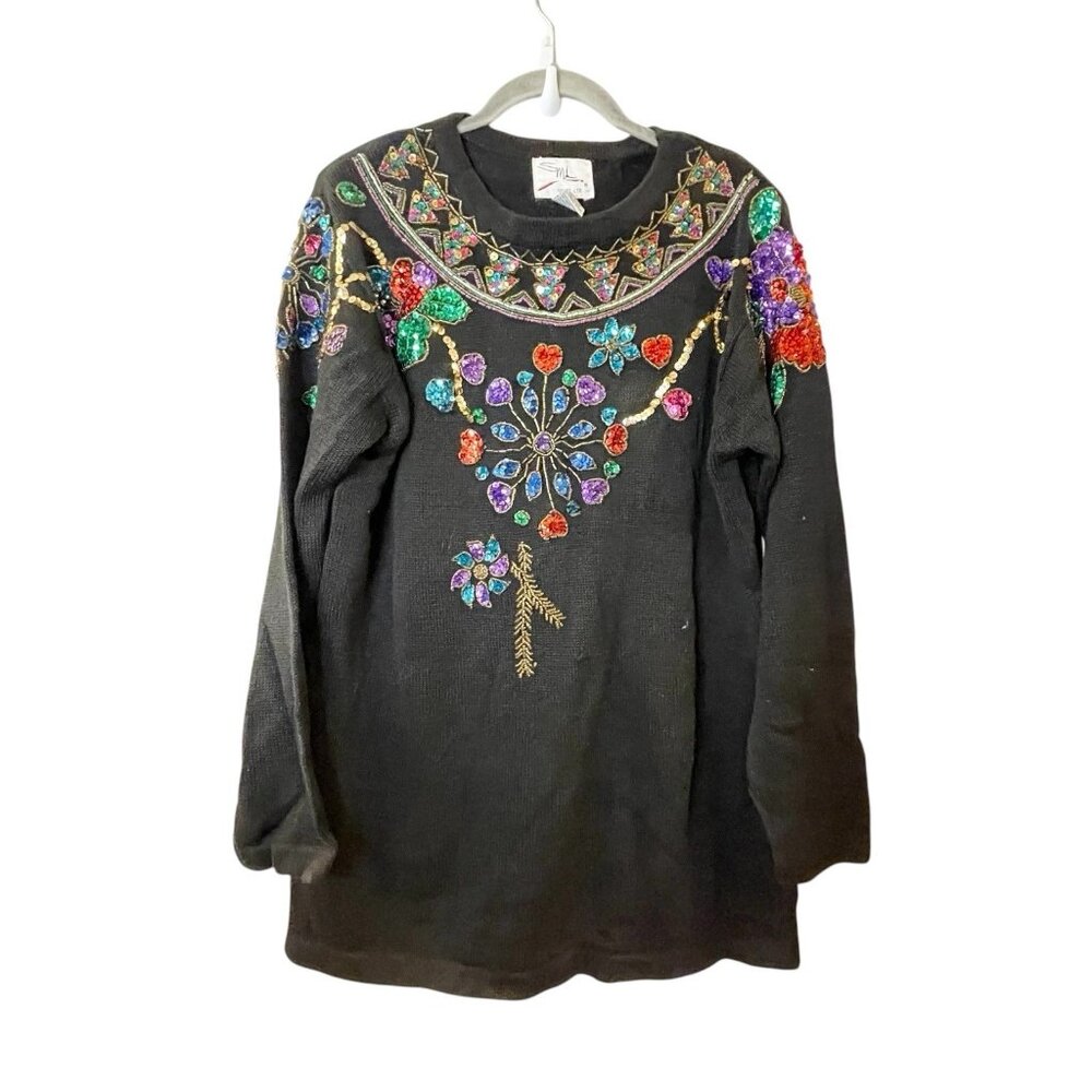 Vintage Sweater Jumper‎ 90s Sequins Pullover Shoulder Pads SML Sport Funky Art